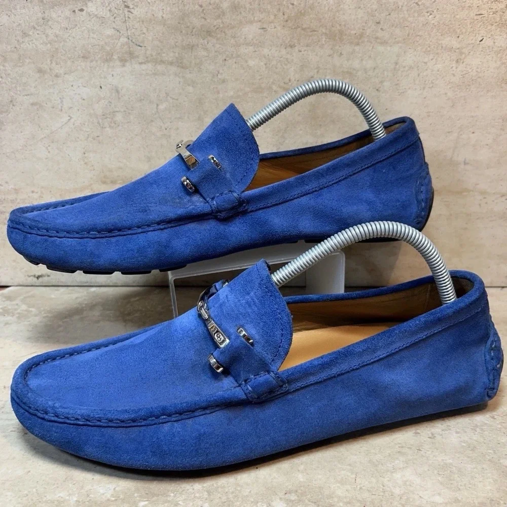 Gucci Mens Blue Suede Horsebit Driving Loafers Size 8  Made in Italy Cobalt Blue